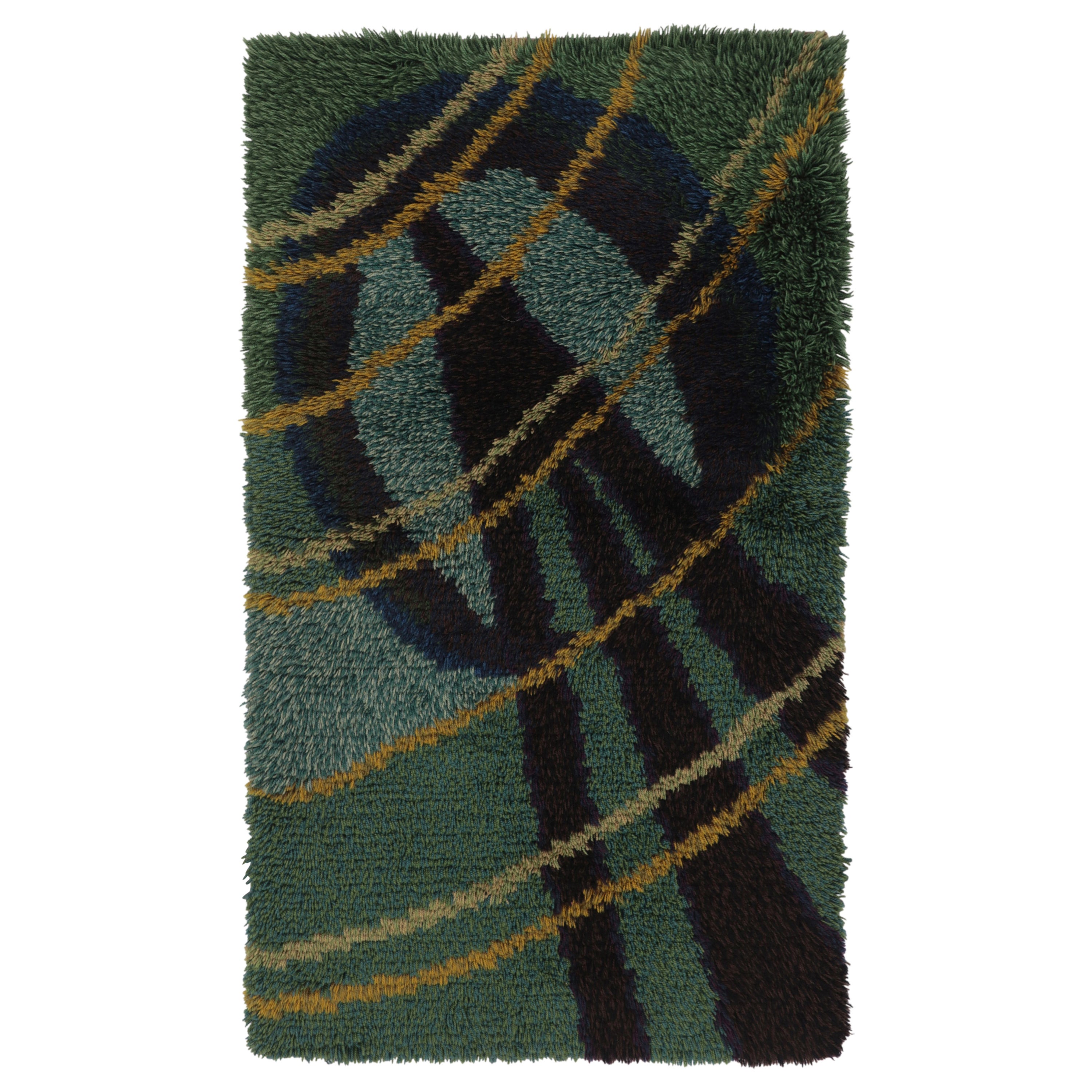 Vintage Swedish Rya Runner, Green with Scandinavian Patterns - Rug 
Kilim en vente
