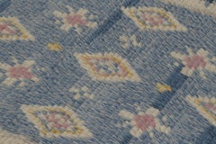 Vintage Swedish Rya Runner in Beige & Blue with Floral Vine Border - Rug & Kilim