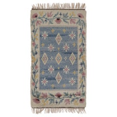 Vintage Swedish Rya Runner in Beige 
Blue with Floral Vine Border - Rug 
Kilim