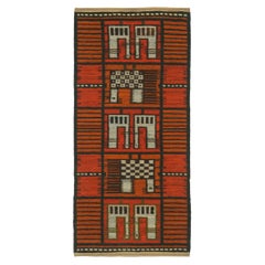 Vintage Swedish Rya Runner in Rust with White Geometric Pattern - Rug & Kilim