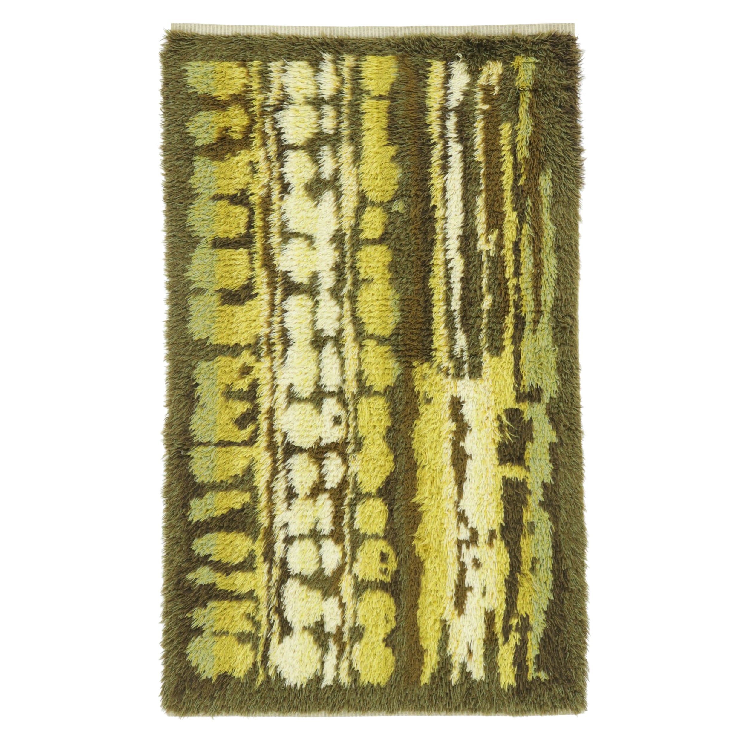 Vintage Swedish Rya Runner Moss Green and Ivory Abstract Pattern - Rug & Kilim