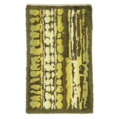 Vintage Swedish Rya Runner Moss Green and Ivory Abstract Pattern - Rug & Kilim