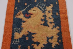 Vintage Swedish Rya Runner, Orange with Lion and Royal Crown Motif - Rug & Kilim