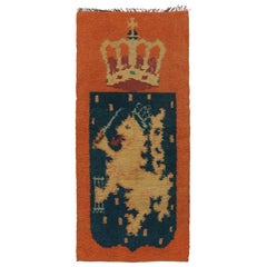 Vintage Swedish Rya Runner, Orange with Lion and Royal Crown Motif - Rug & Kilim