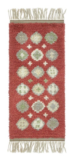 Vintage Swedish Rya Runner Red, Gray & Cream Geometric Pattern- Rug & Kilim