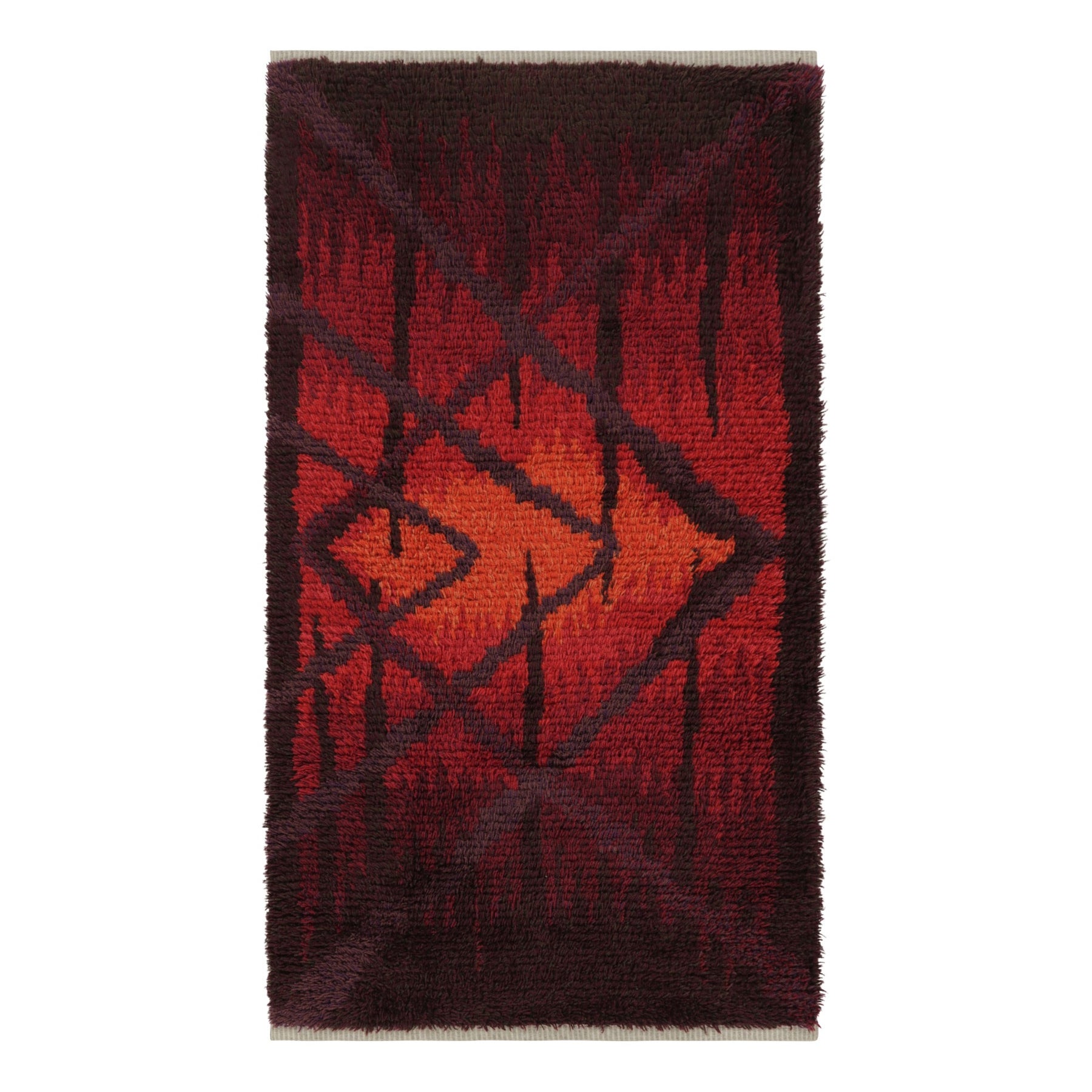 Vintage Swedish Rya Runner Rug, Bold Scandinavian Geometry in Red - Rug & Kilim