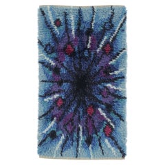 Vintage Swedish Rya Runner with Blue and Purple Sunburst Pattern - Rug & Kilim