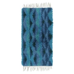 Vintage Swedish Rya Runner with Blue and Turquoise Geometric Pattern-Rug & Kilim