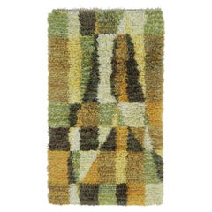 Vintage Swedish Rya Runner with Green and Ochre Tectonic Geometry - Rug & Kilim