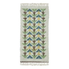 Vintage Swedish Rya Runner with Teal and Green Geometric Design - Rug & Kilim