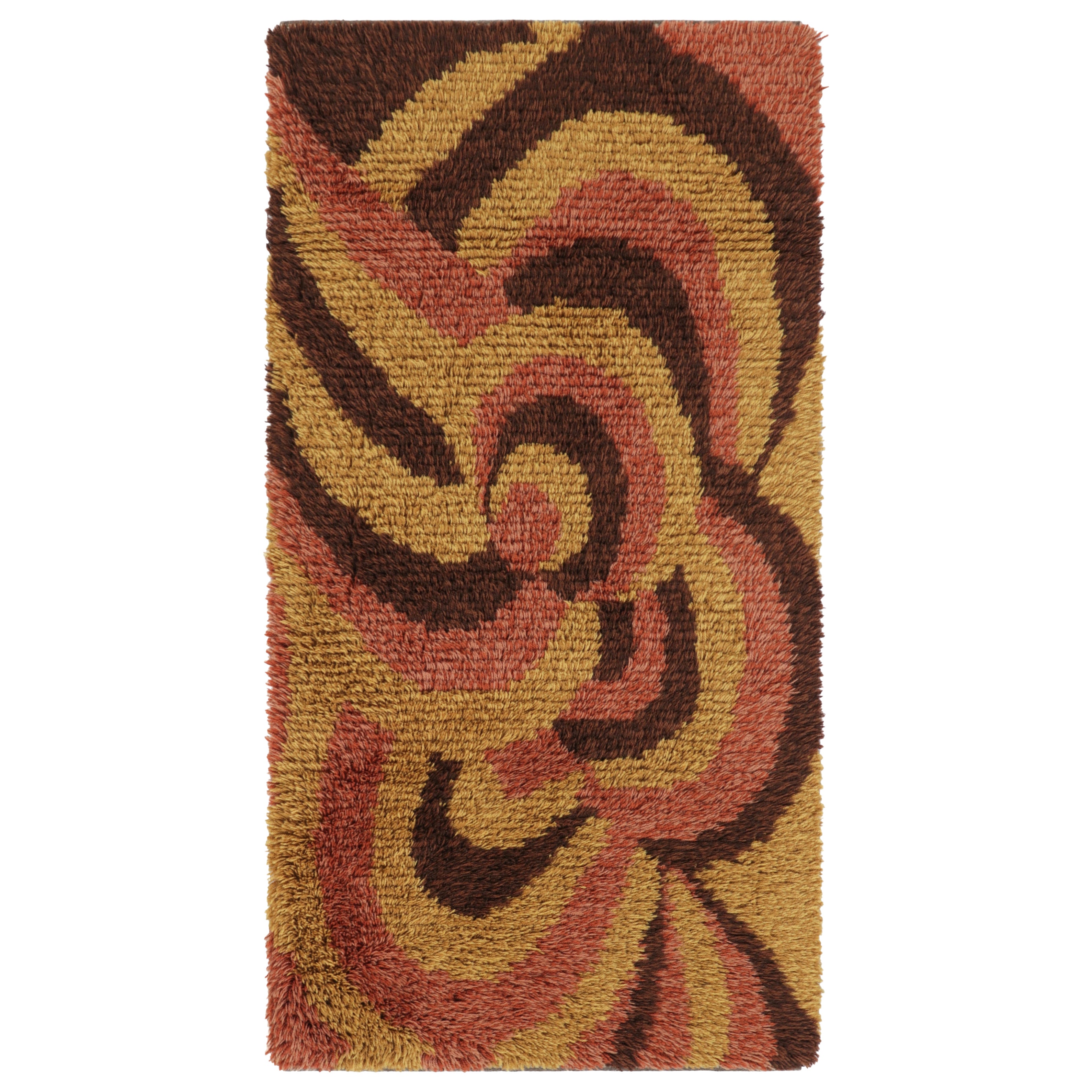Vintage Swedish Rya Scandinavian Rug in Gold, Brown and Red Swirls - Rug 
Kilim im Angebot