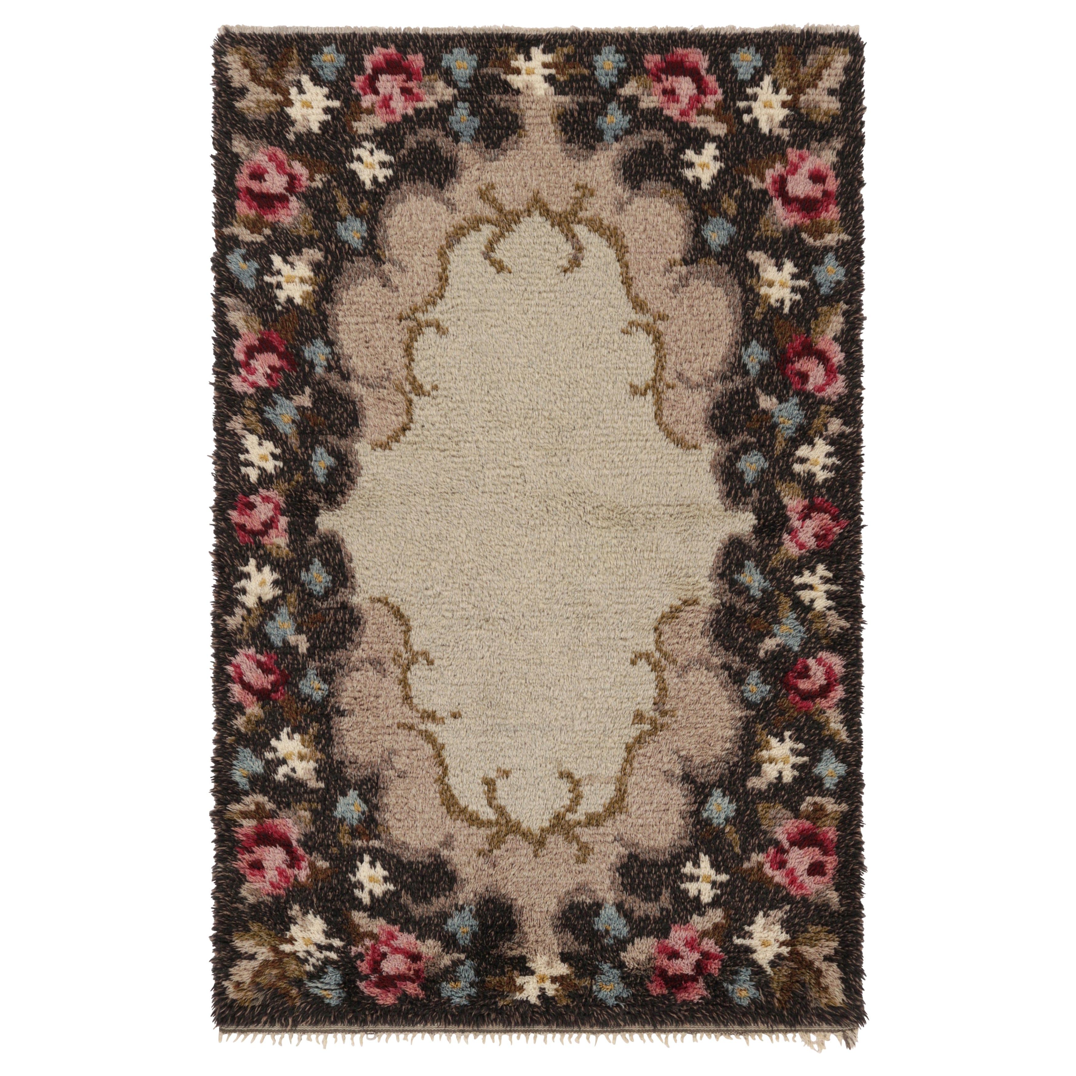 Tappeto scandinavo svedese vintage Rya, con medaglione e bordi floreali - Rug & Kilim