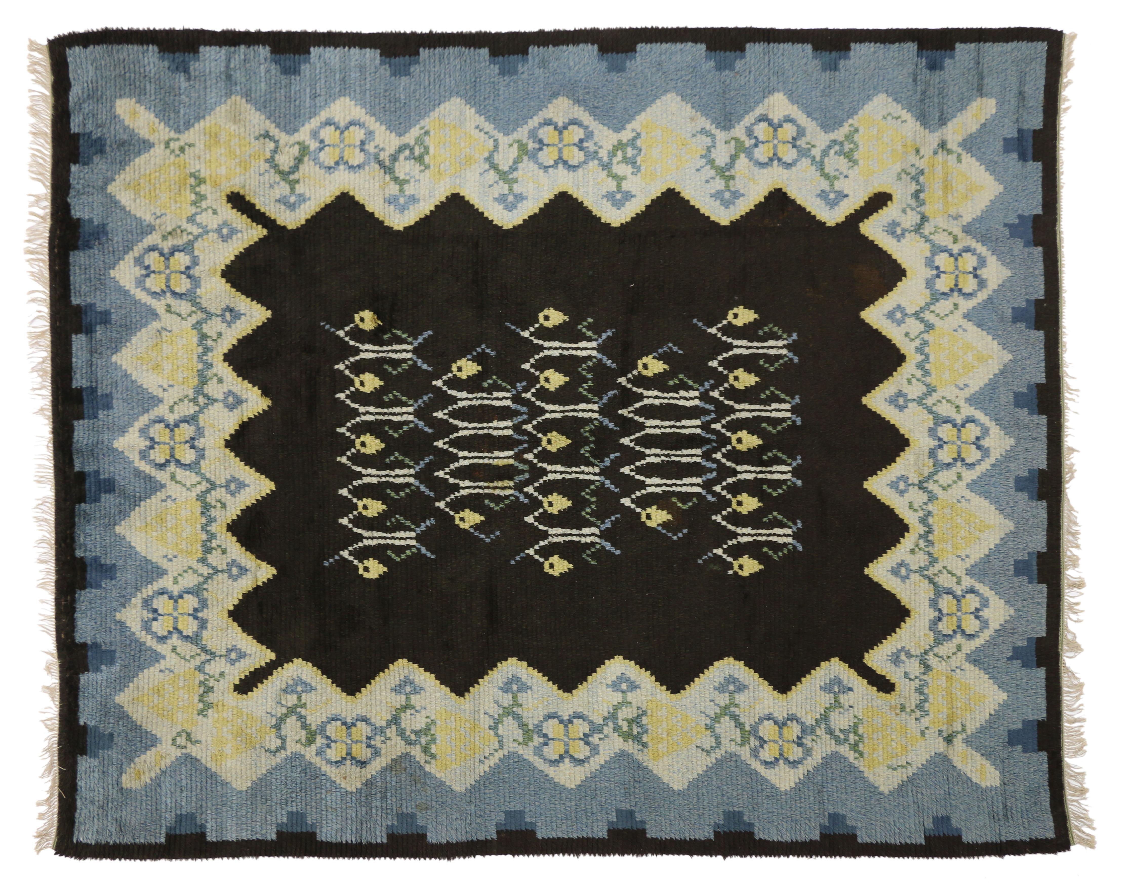 Hand-Knotted Vintage Swedish Rya Shag Rug with Scandinavian Modern Style and Danish Design For Sale