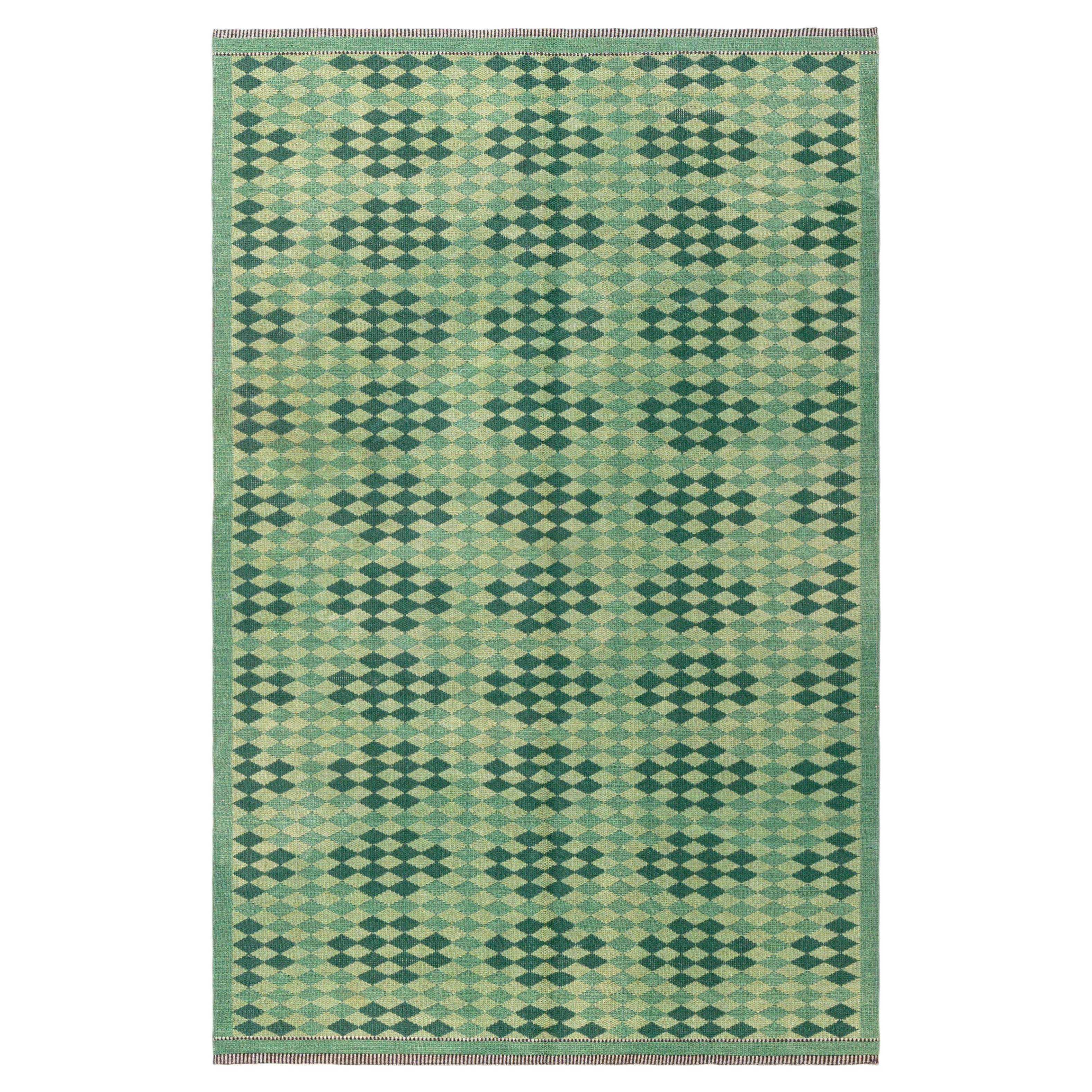 Vintage Swedish Sage With Forest Green Flatweave Carpet Double Sided