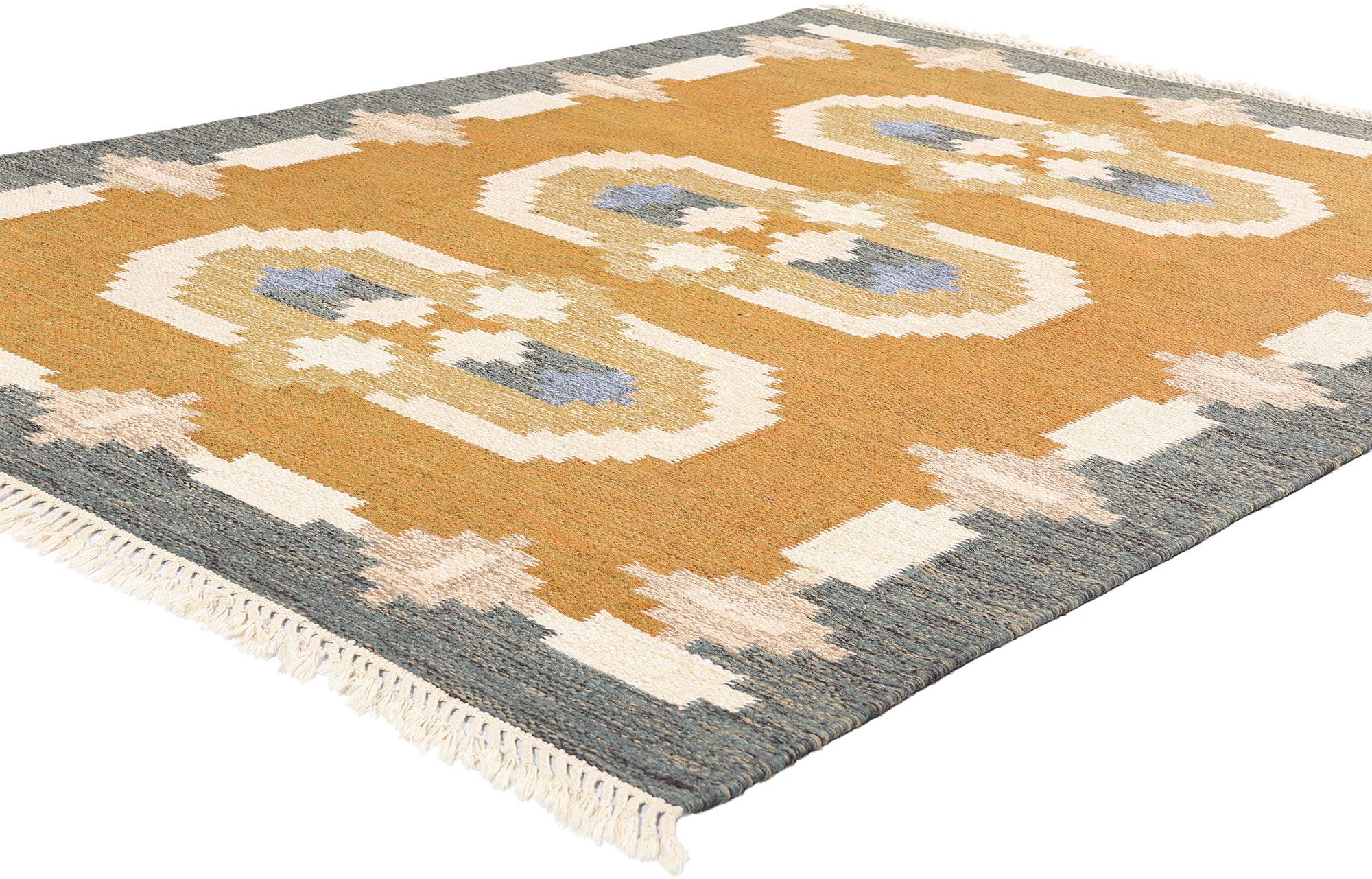 79040 Tapis vintage suédois scandinave Rollakan, 05'06 x 07'07. Ce tapis rollakan suédois vintage en laine tissé à la main capture l'essence du design nordique intemporel avec ses motifs géométriques complexes et ses tons chauds et terreux. Réalisée