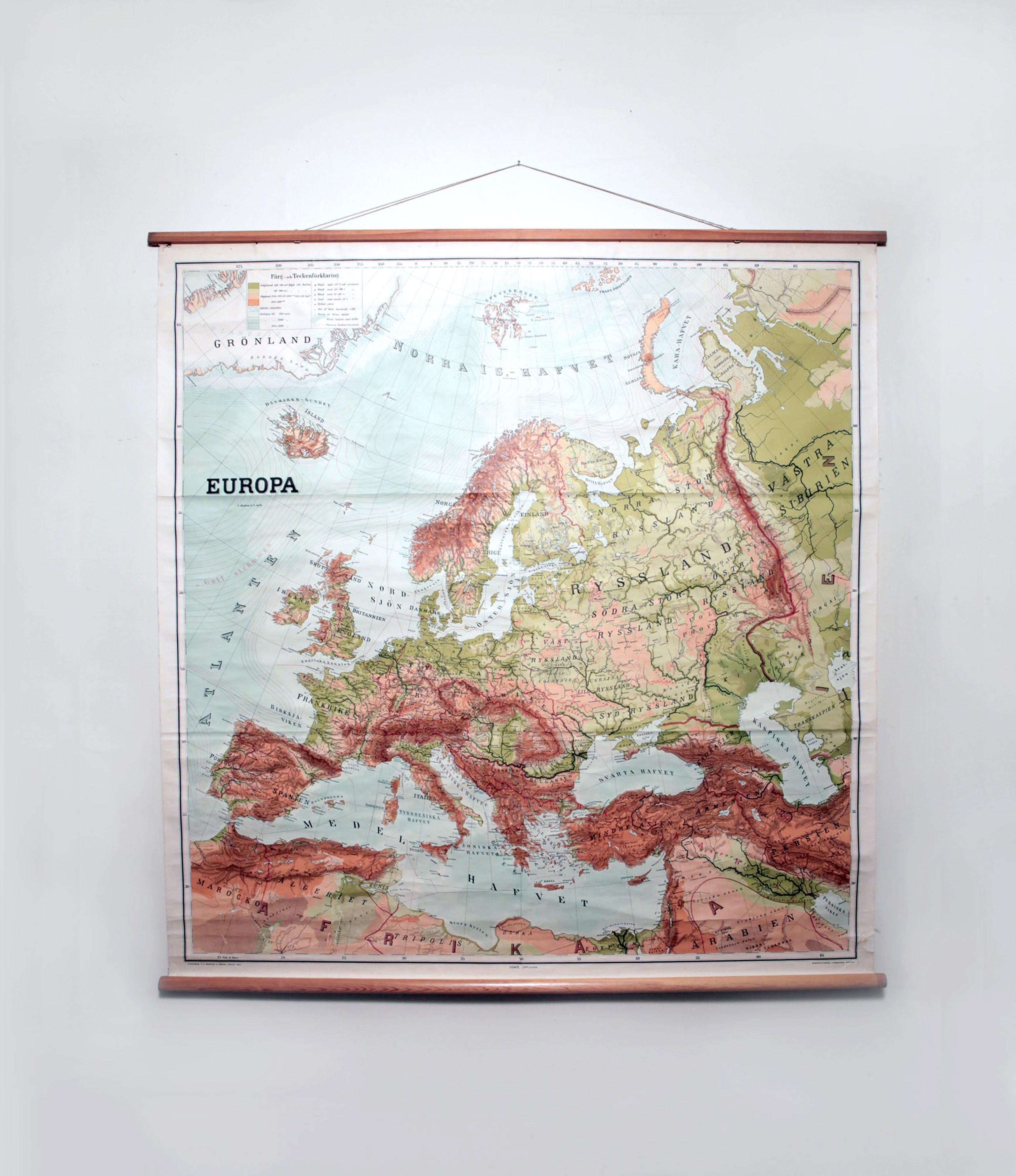 Vintage Swedish School Map of Europe - LARGE - Made in Sweden, 1905

This vintage Swedish school map is so unique and a great example of why these are so collectible.

Wooden poles at the top and bottom of this linen fabric with printed paper