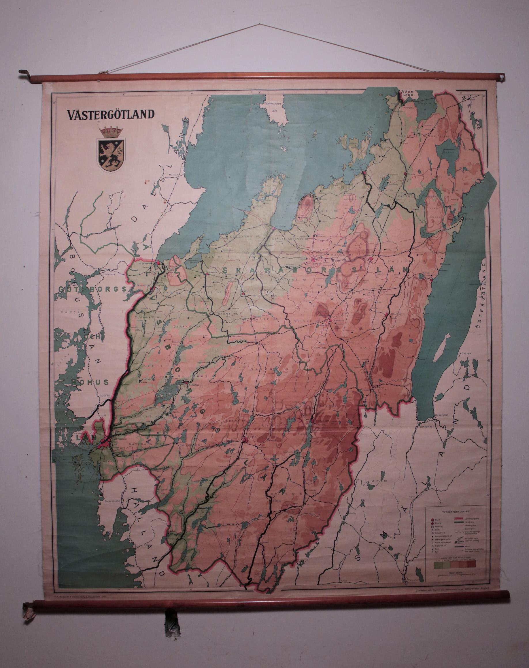 Vintage Swedish School Map of Vastergötland, Made in Sweden 1920 For Sale 3