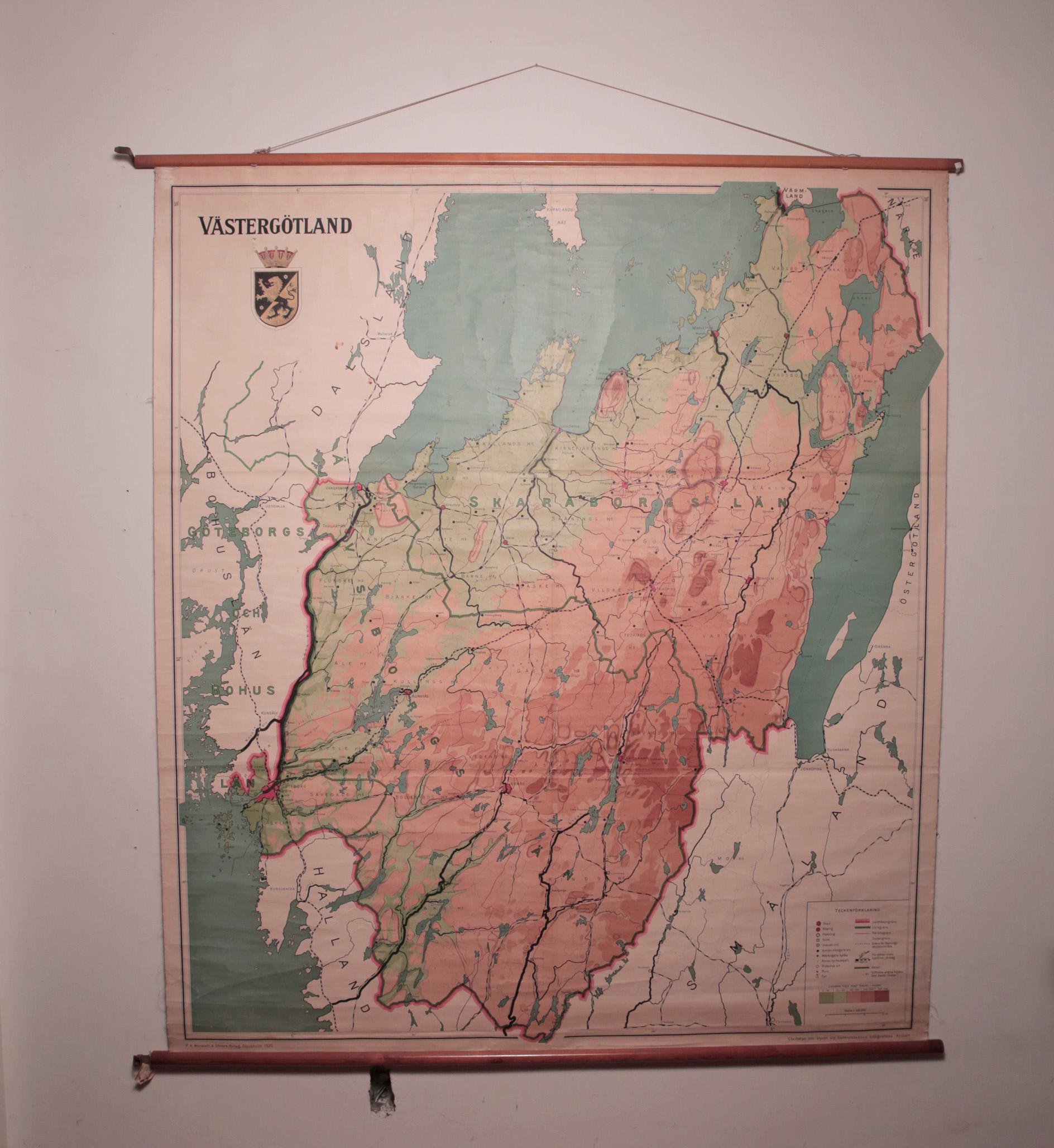 Vintage Swedish School Map of Vastergötland, Made in Sweden 1920

Västergötland also known as West Gothland or the Latinized version Westrogothia in older literature, is one of the 25 traditional non-administrative provinces of Sweden, situated in
