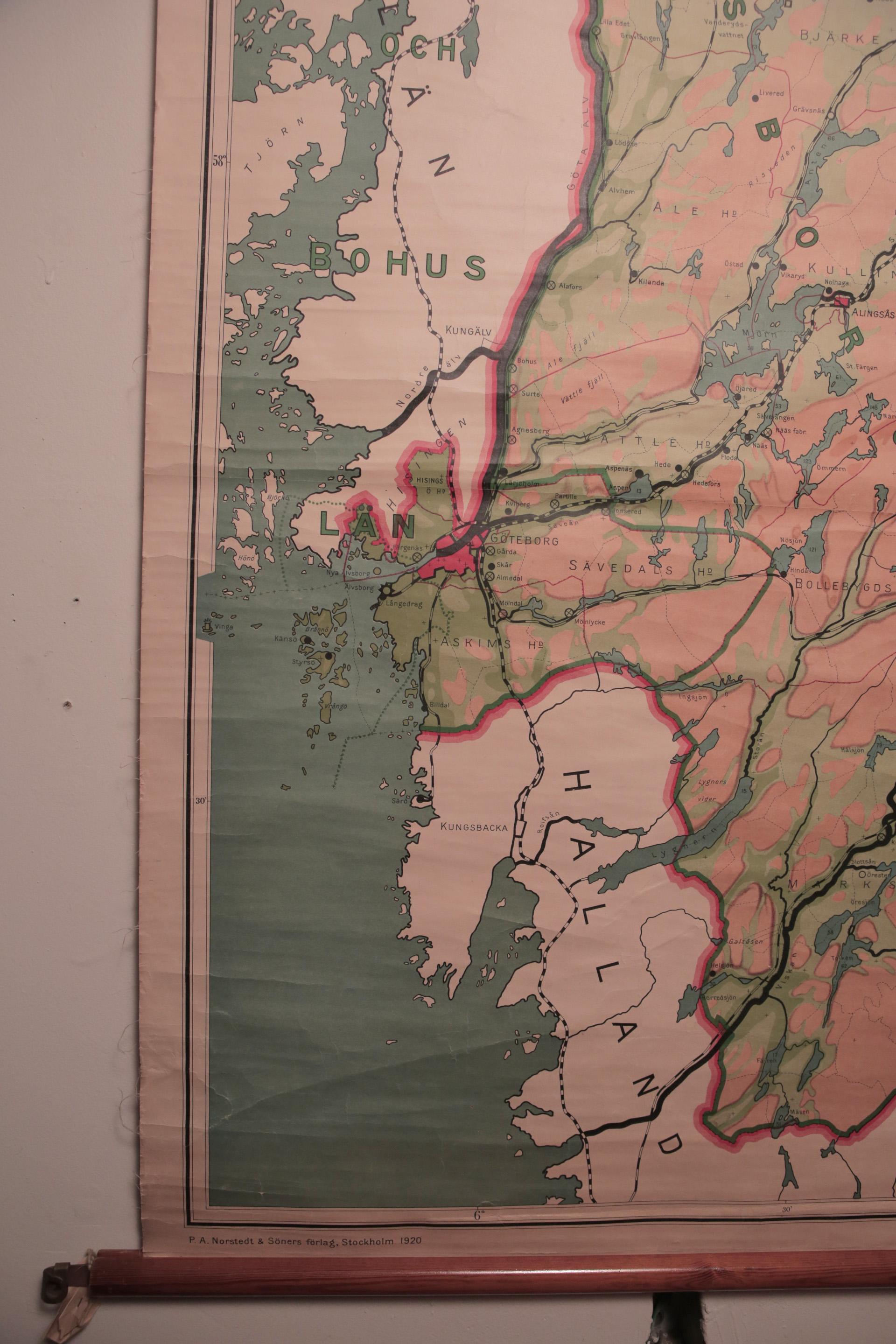 Vintage Swedish School Map of Vastergötland, Made in Sweden 1920 In Fair Condition For Sale In Los Angeles, CA