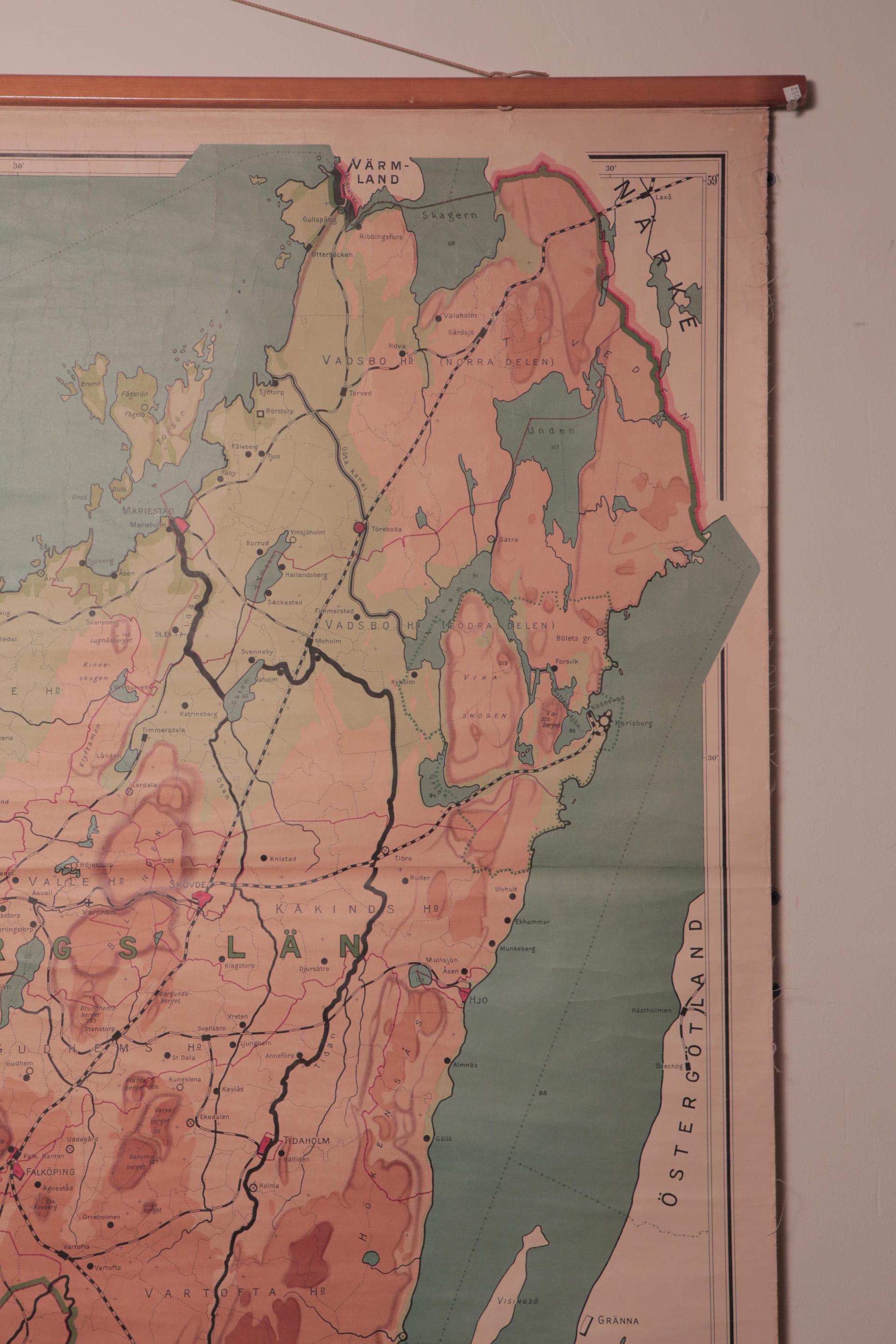 Vintage Swedish School Map of Vastergötland, Made in Sweden 1920 For Sale 1