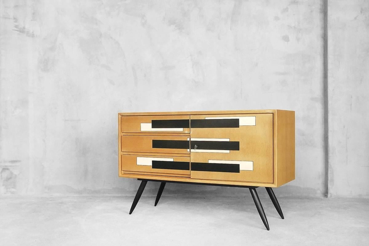 Wood Vintage Swedish Sideboard with Drawers and Geometric Pattern, 1964