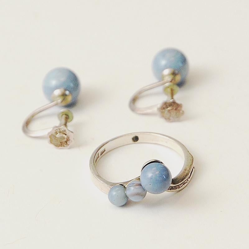 Vintage Swedish Silverring and Earrings in Blue Stone, 1980s, Set of 3 In Good Condition For Sale In Stokholm, SE