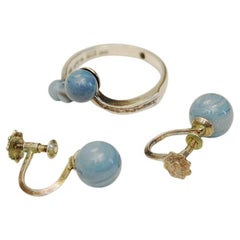 Schwedischer Vintage-Silberring und Ohrringe aus blauem Stein, 1980er Jahre, 3er Set