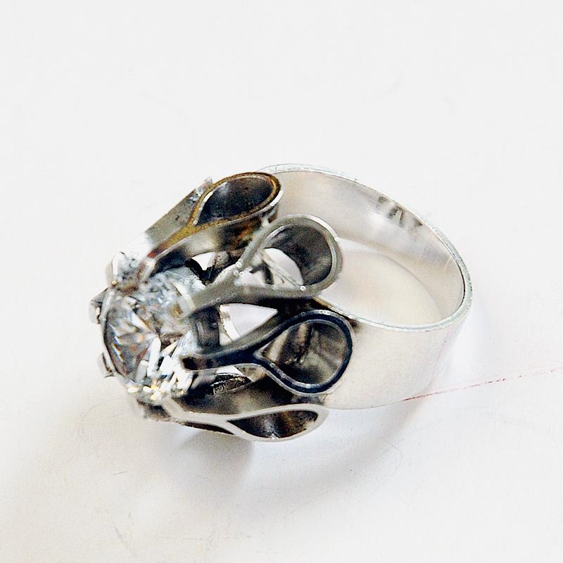 Brilliant Cut Vintage Swedish Silverring with rock crystal stone by Brofod AB 1973 For Sale
