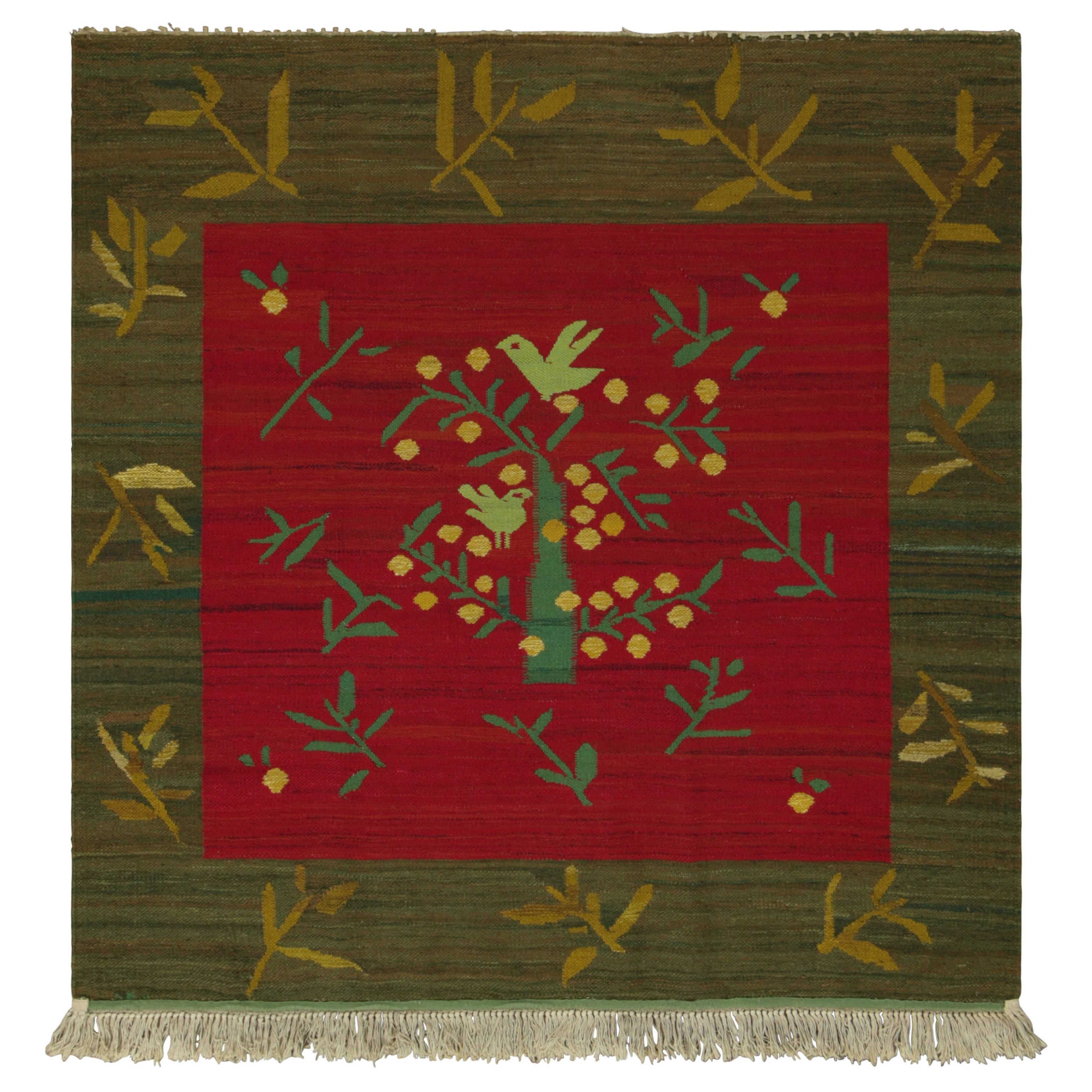Tappeto quadrato svedese vintage, scandinavo a trama piatta con uccelli - Rug & Kilim