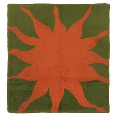 Retro Swedish Square Rya Rug, Olive Green with Sunburst Abstract - Rug & Kilim