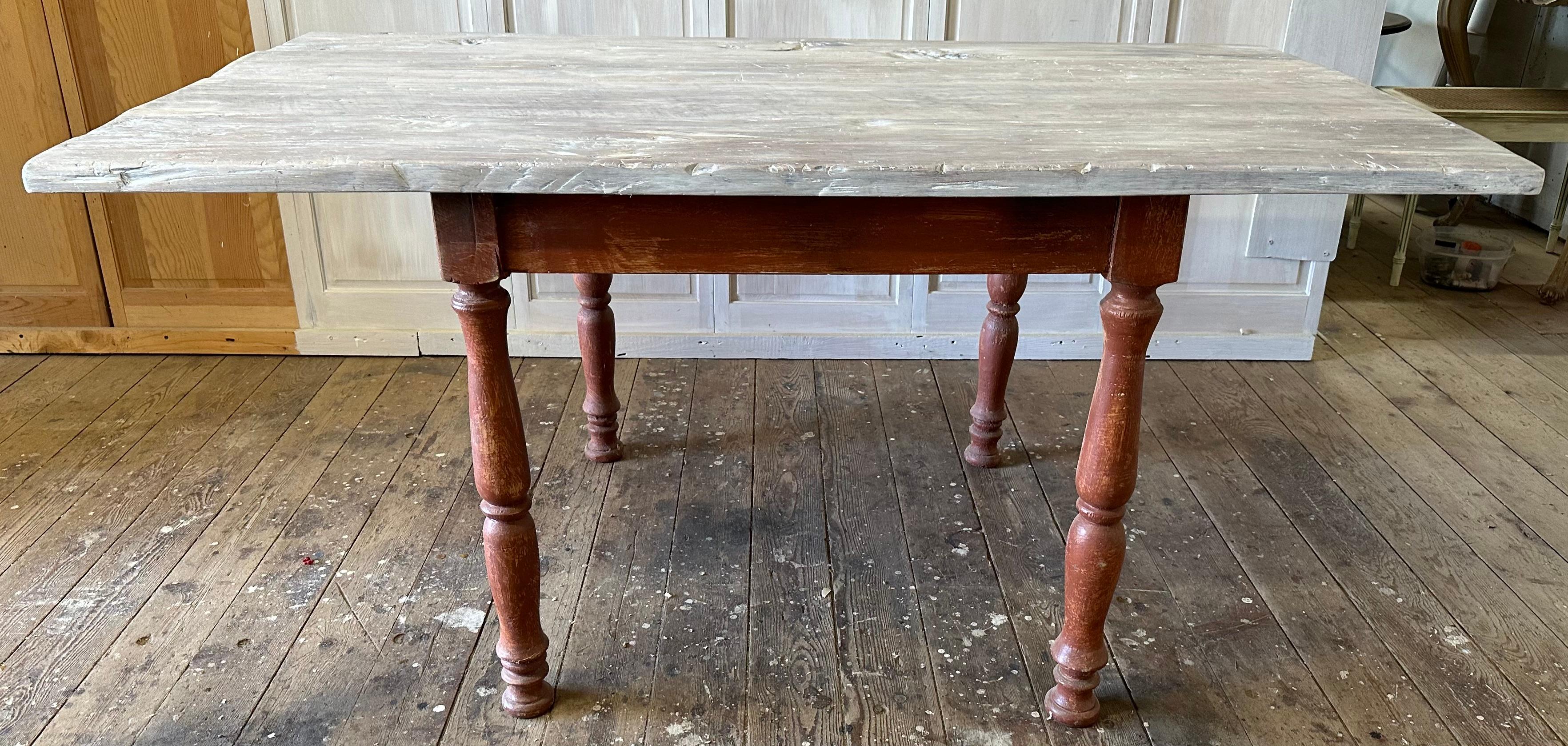 Hand-Crafted Vintage Swedish Style White Washed Table Painted Base Dining Table For Sale