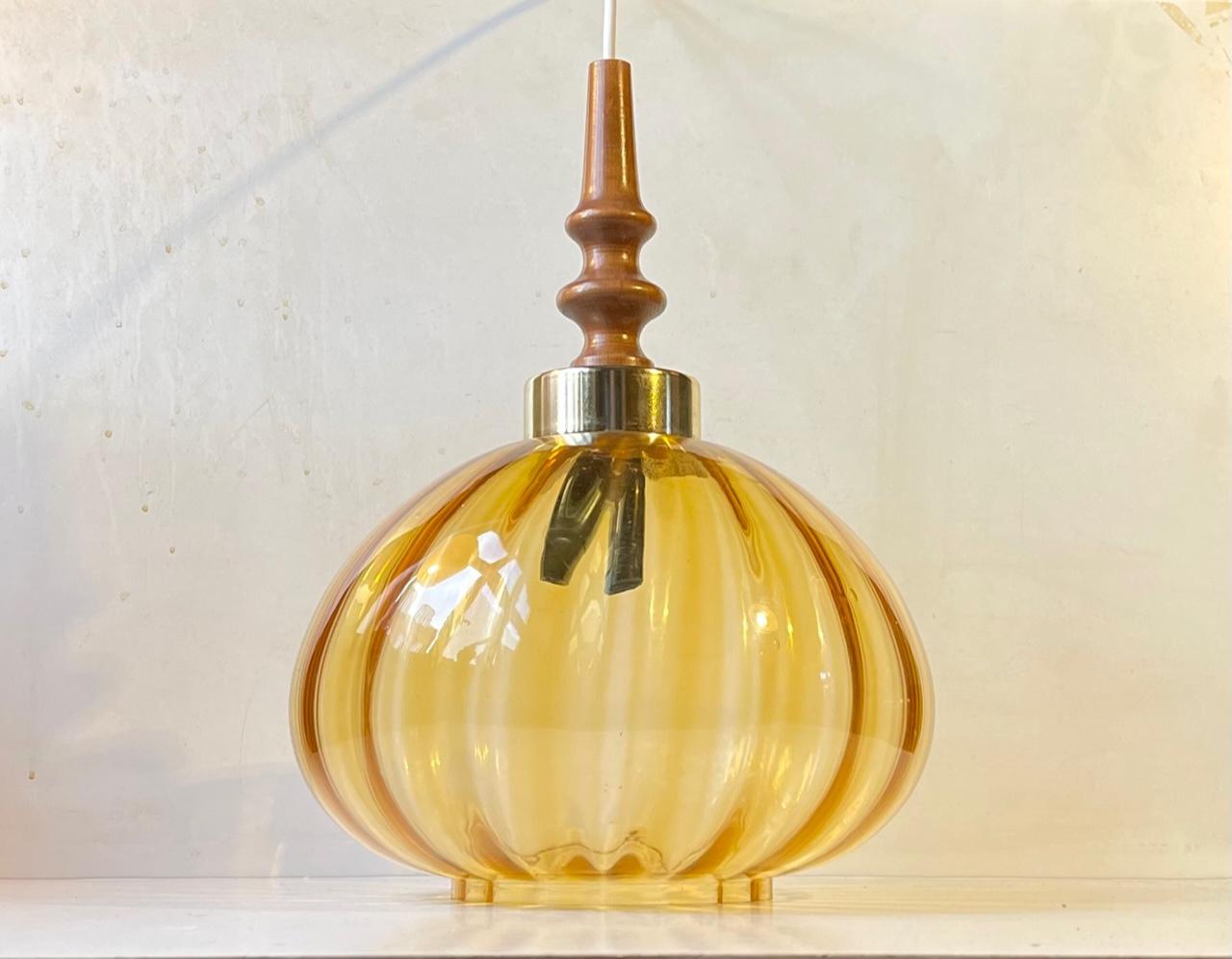 Brass Vintage Swedish Sunburst Pendant Lamp in Blown Optical Honey Glass, 1970s For Sale