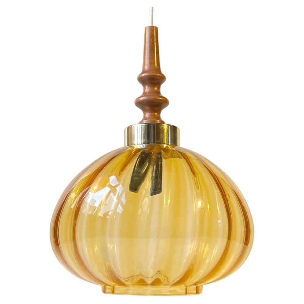 Vintage Swedish Sunburst Pendant Lamp in Blown Optical Honey Glass, 1970s For Sale