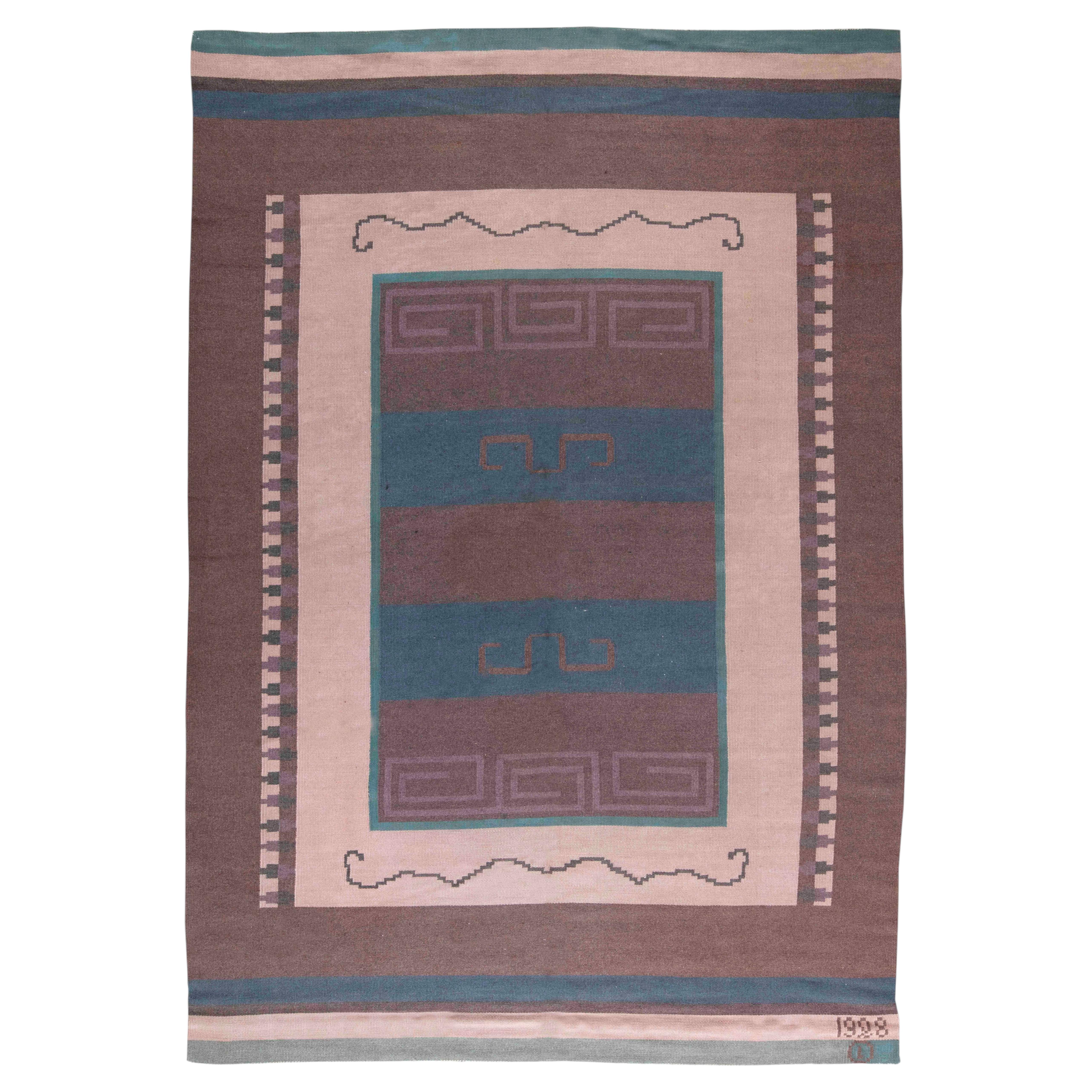 Vintage Swedish Taupe Flatweave Carpet Initials & Date To Edge "IO 1928" For Sale