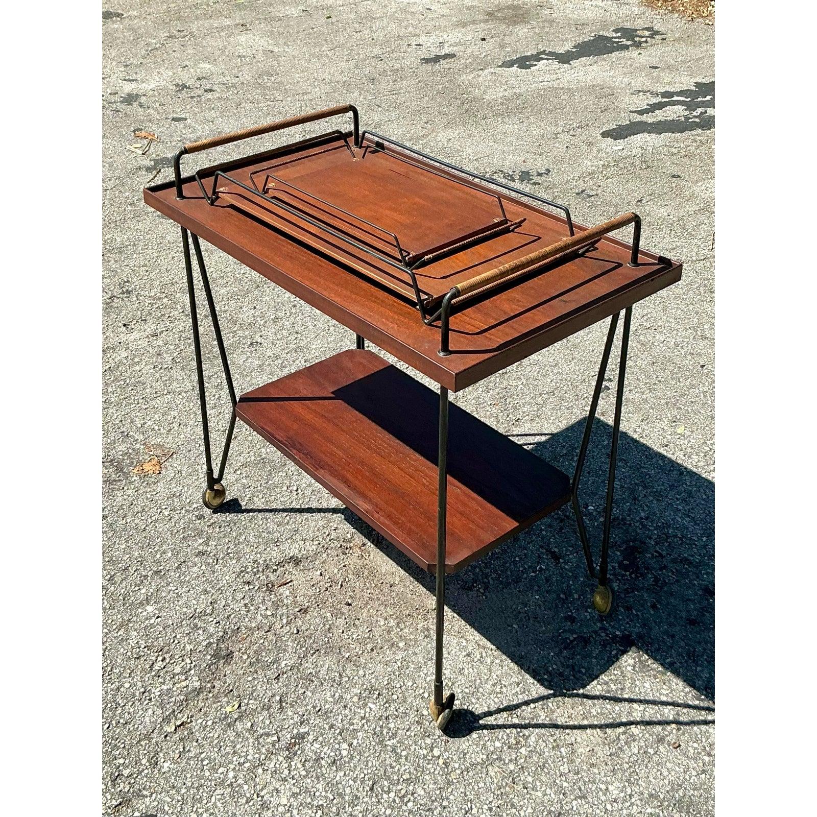 Scandinavian Modern Vintage Swedish Teak Bar Cart With Serving Trays - Set of 3 For Sale