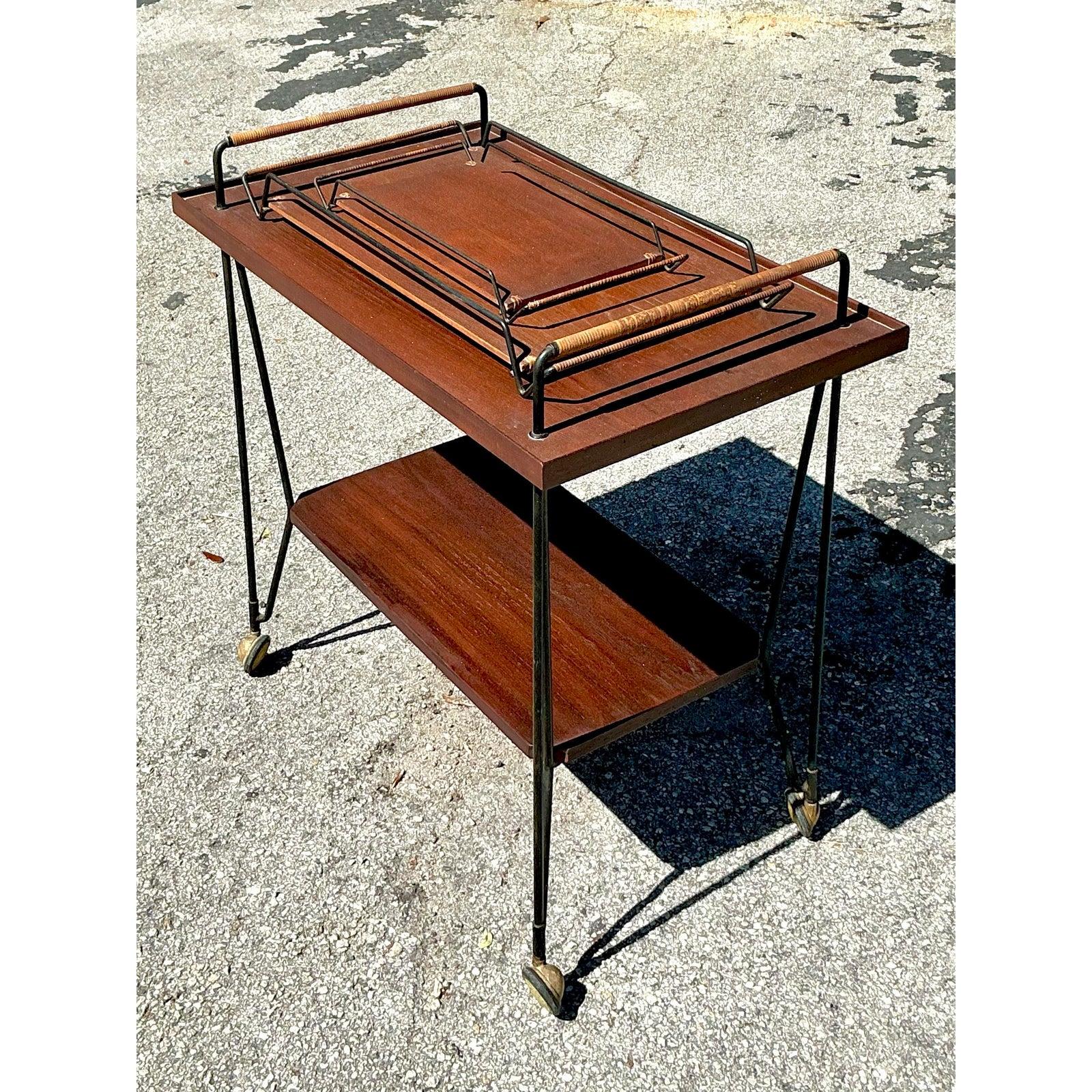 Vintage Swedish Teak Bar Cart With Serving Trays - Set of 3 In Good Condition For Sale In west palm beach, FL