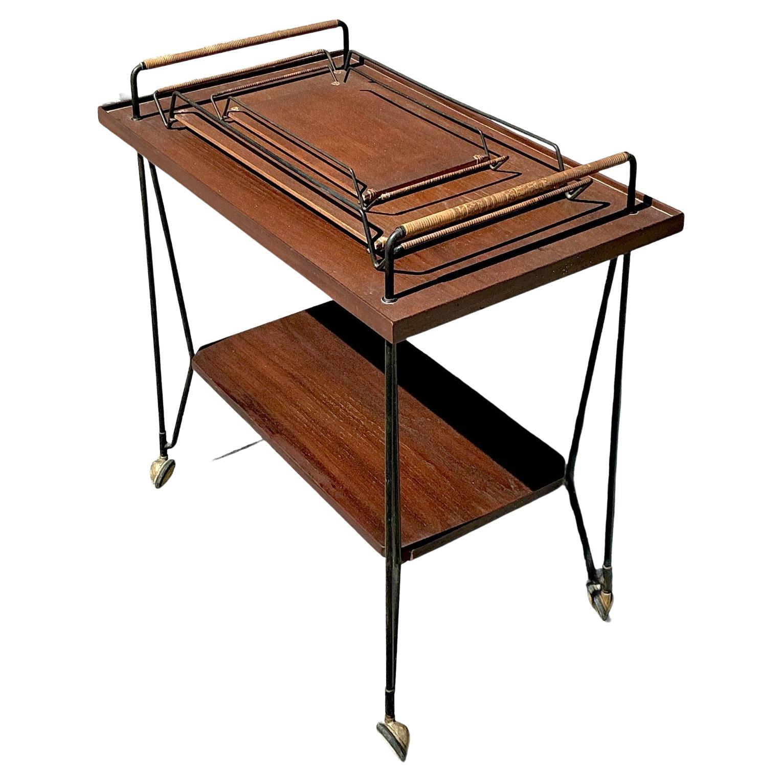 Vintage Swedish Teak Bar Cart With Serving Trays - Set of 3