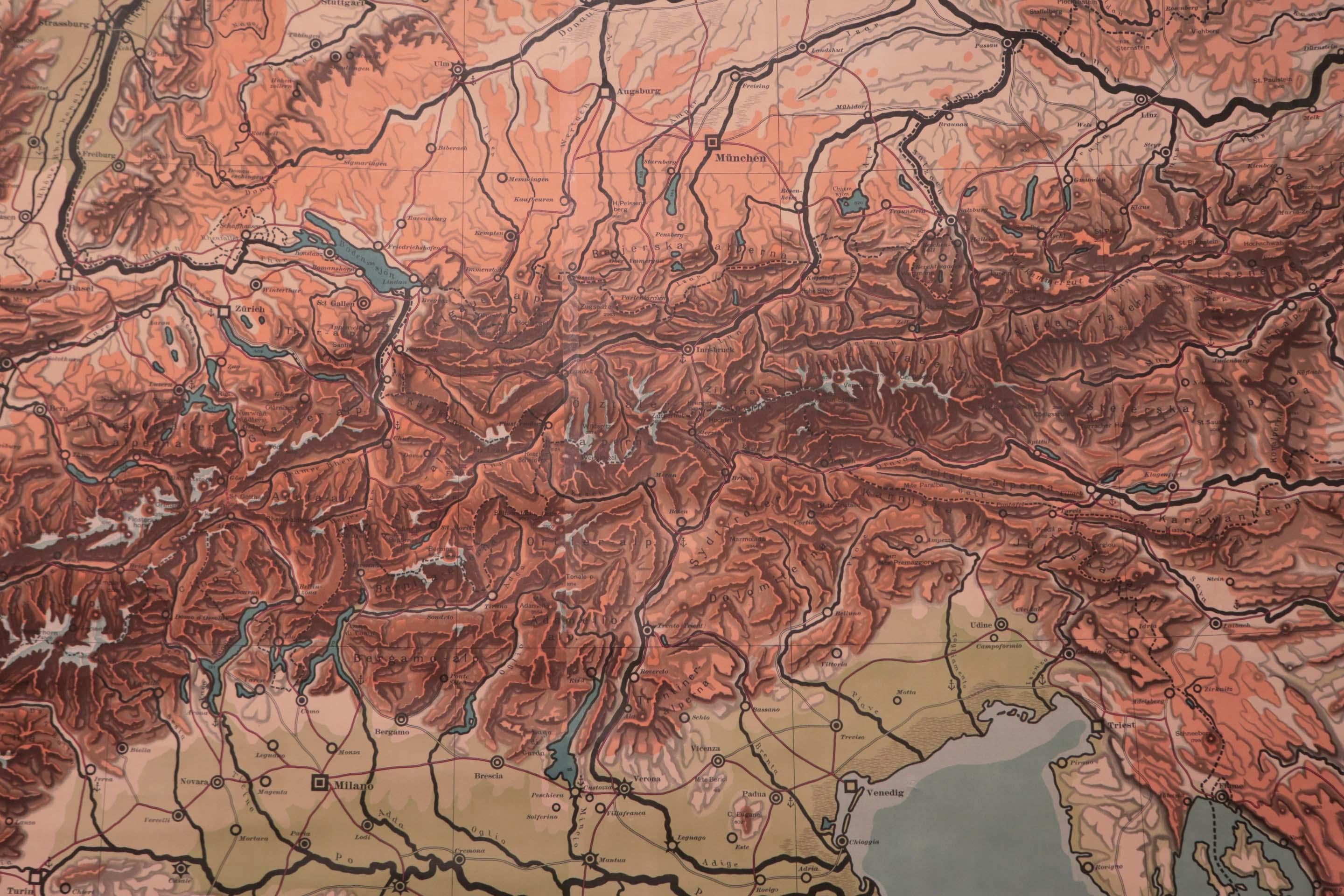 Vintage Swedish Topographic School Map of European Alps, Made in Sweden 1922 For Sale 11