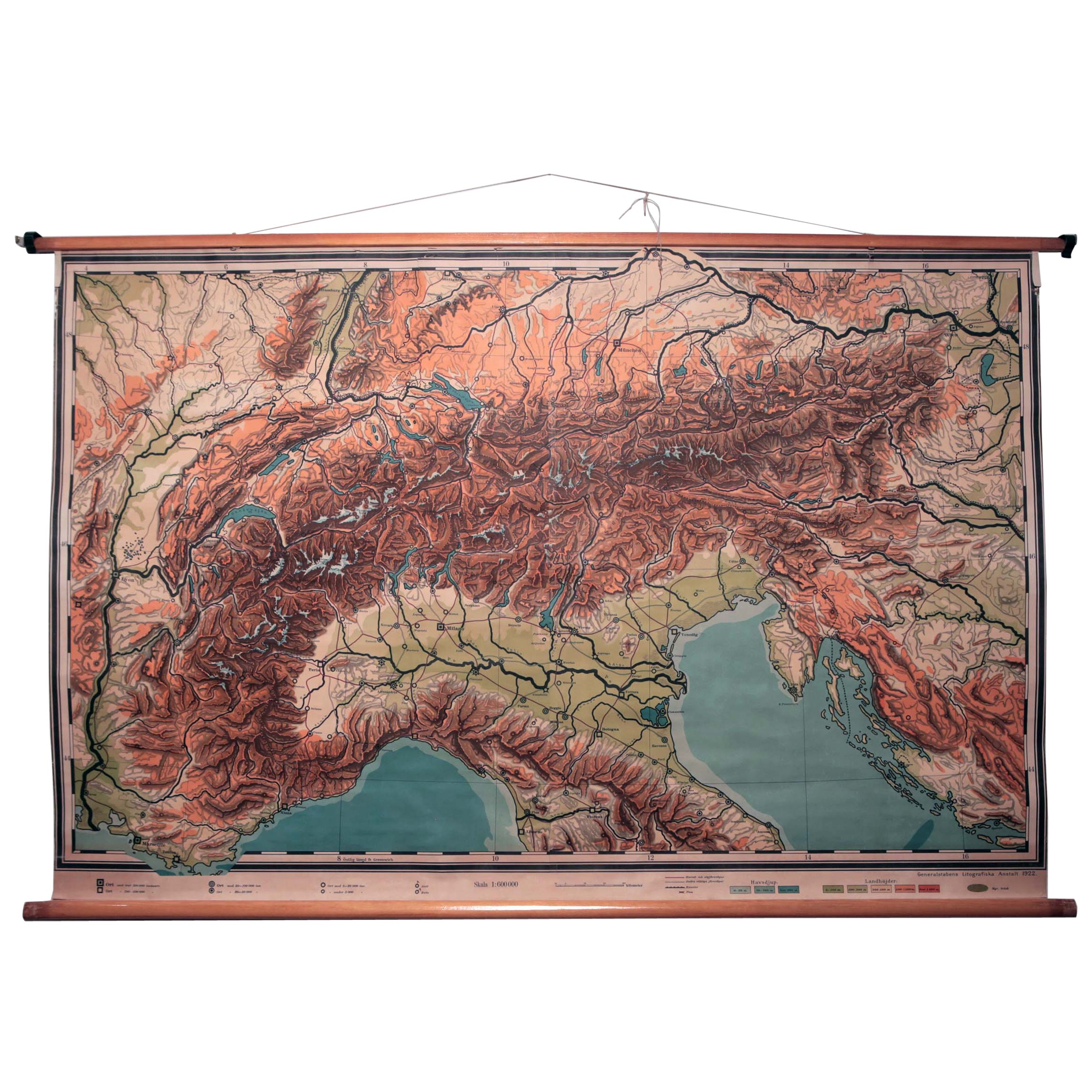 Carta scolastica topografica svedese d'epoca delle Alpi europee, Made in Sweden 1922