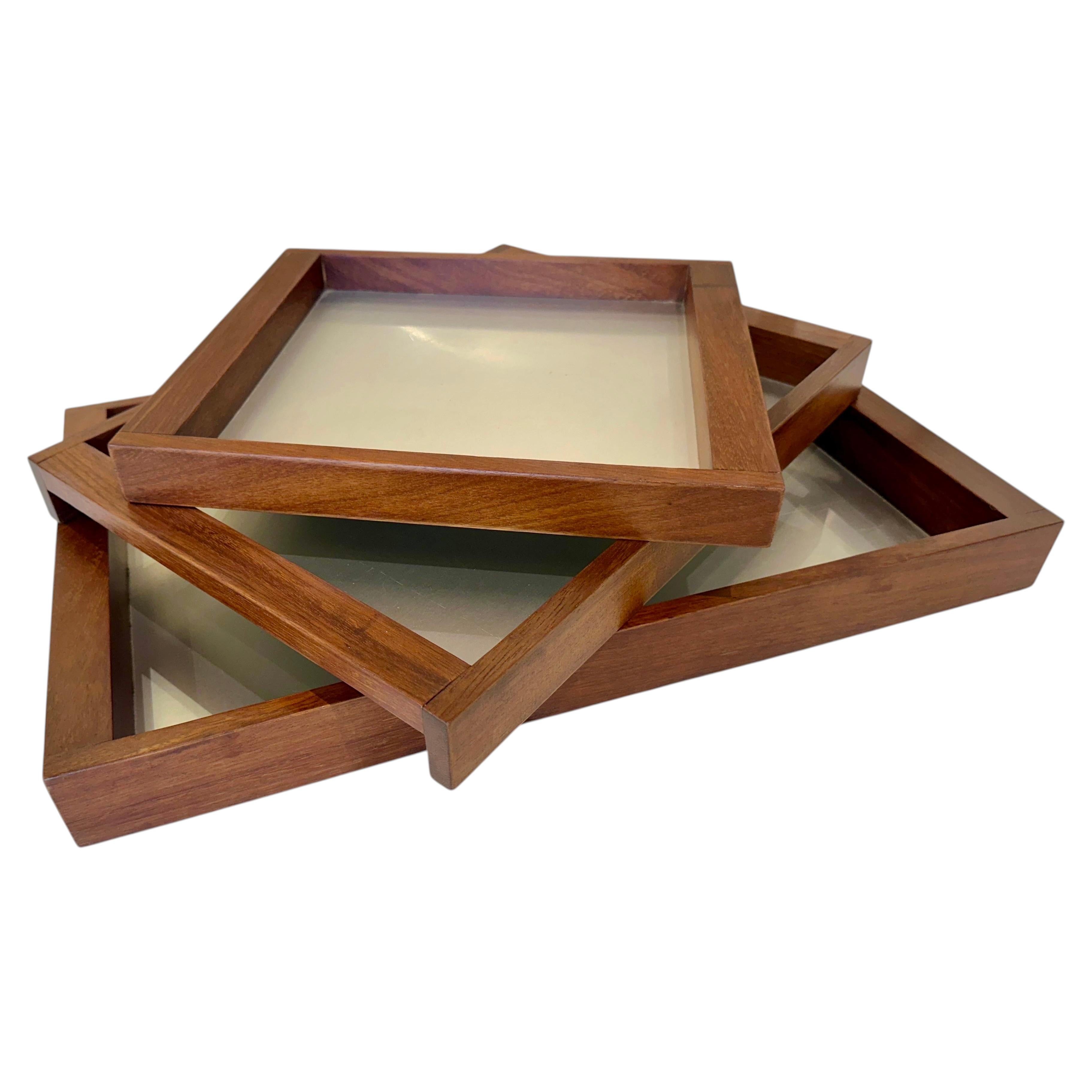 Vintage Swedish Trio of Teak Wood and Brushed Stainless Steel Serving Trays For Sale
