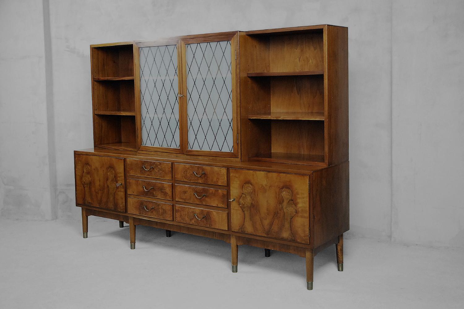 Vintage Swedish Walnut and Burl Buffet with Glass Vitrine, 1940s For Sale 5
