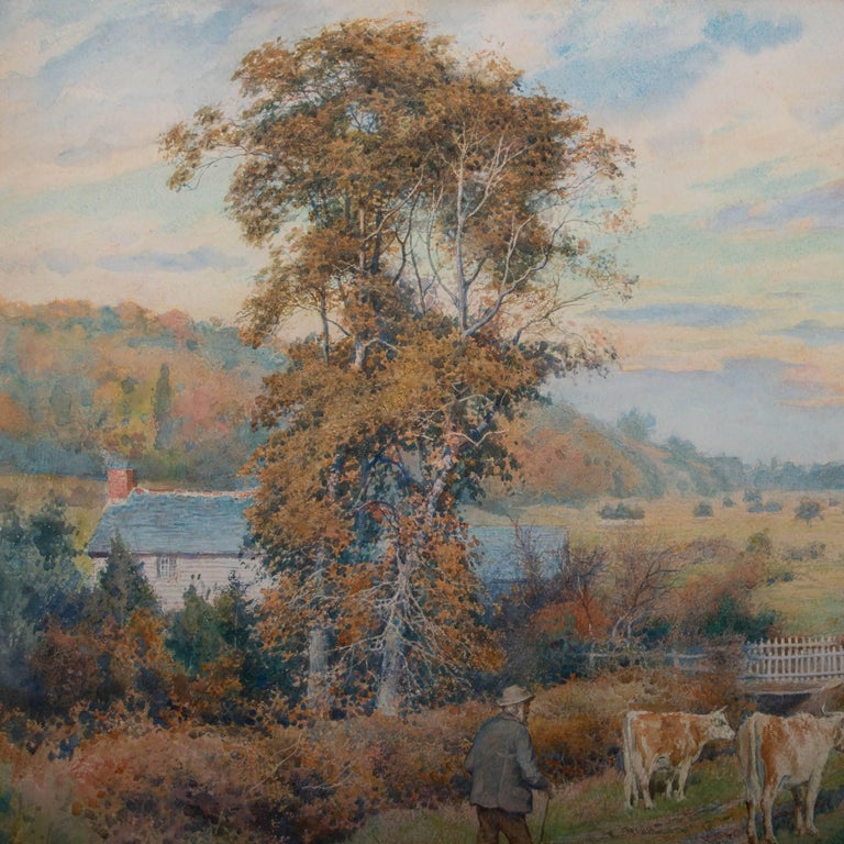 Vintage Swedish Watercolor Landscape with Cattle In Good Condition For Sale In Round Top, TX