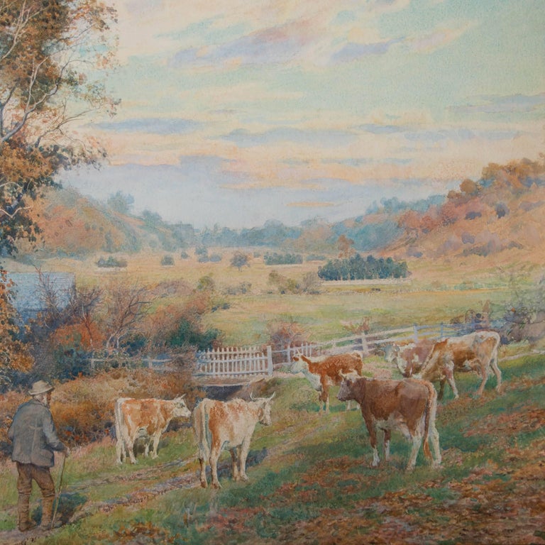 20th Century Vintage Swedish Watercolor Landscape with Cattle For Sale