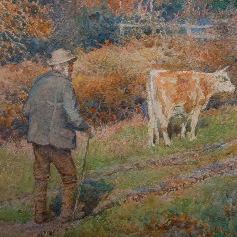 Vintage Swedish Watercolor Landscape with Cattle For Sale 1