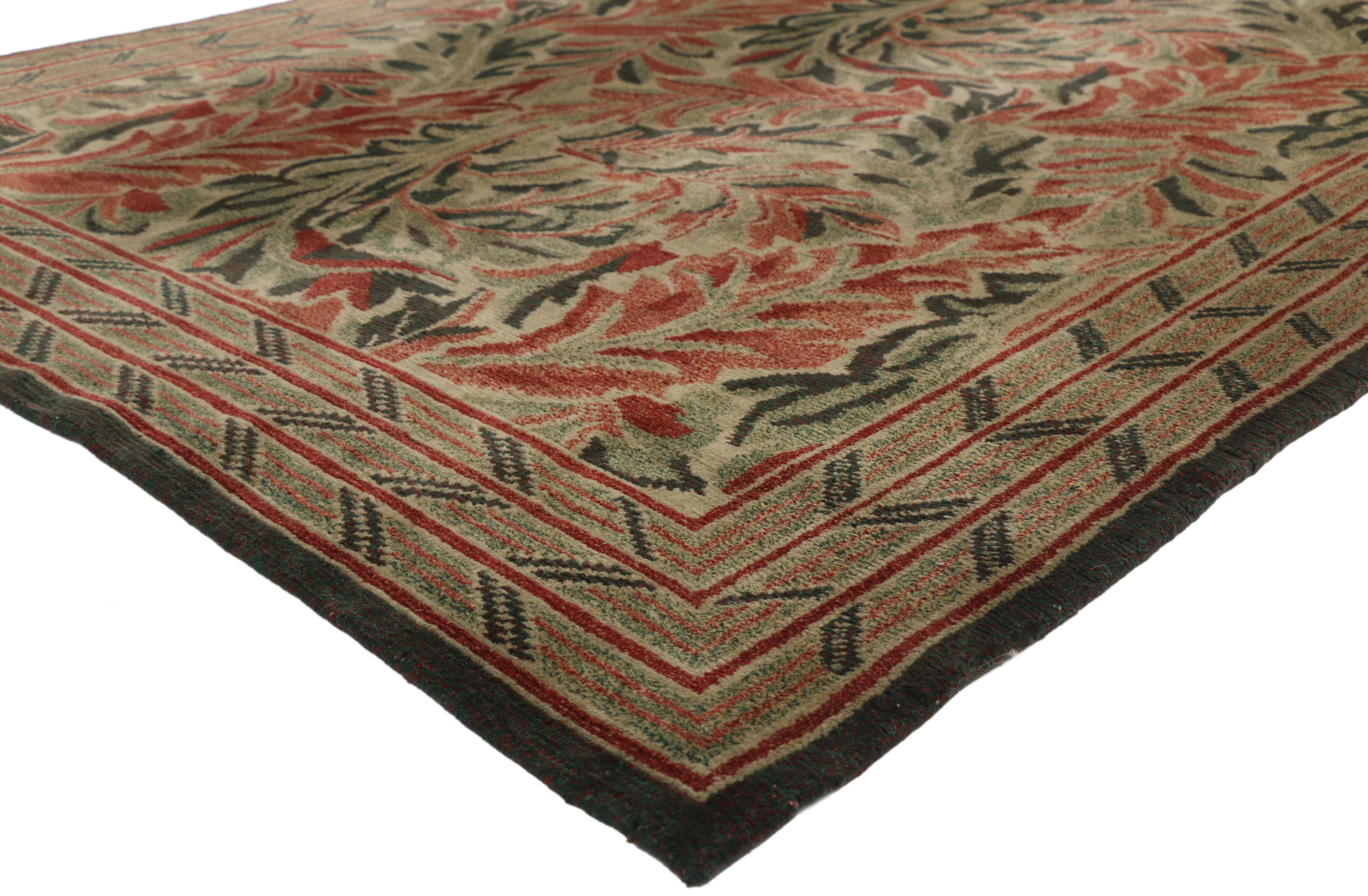 77272, vintage Swedish William Morris Acanthus inspired rug with Arts & Crafts style. With architectural elements of naturalistic forms and soft colors, this hand knotted wool vintage Swedish rug beautifully embodies Arts & Crafts style. A repeating