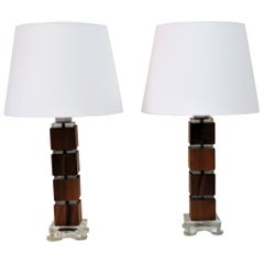 Vintage Swedish Walnut and Glass Table Lamps 1960s, Set of Two Vintage Swedish Walnut and Glass Table Lamps 1960s, Set of Two
