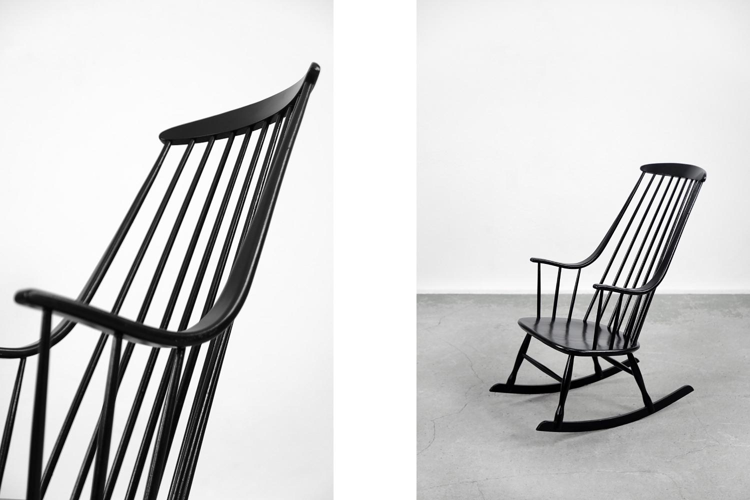 Scandinavian Modern Vintage Swedish Wooden Black Rocking Chair Grandessa by Lena Larsson for Nesto For Sale
