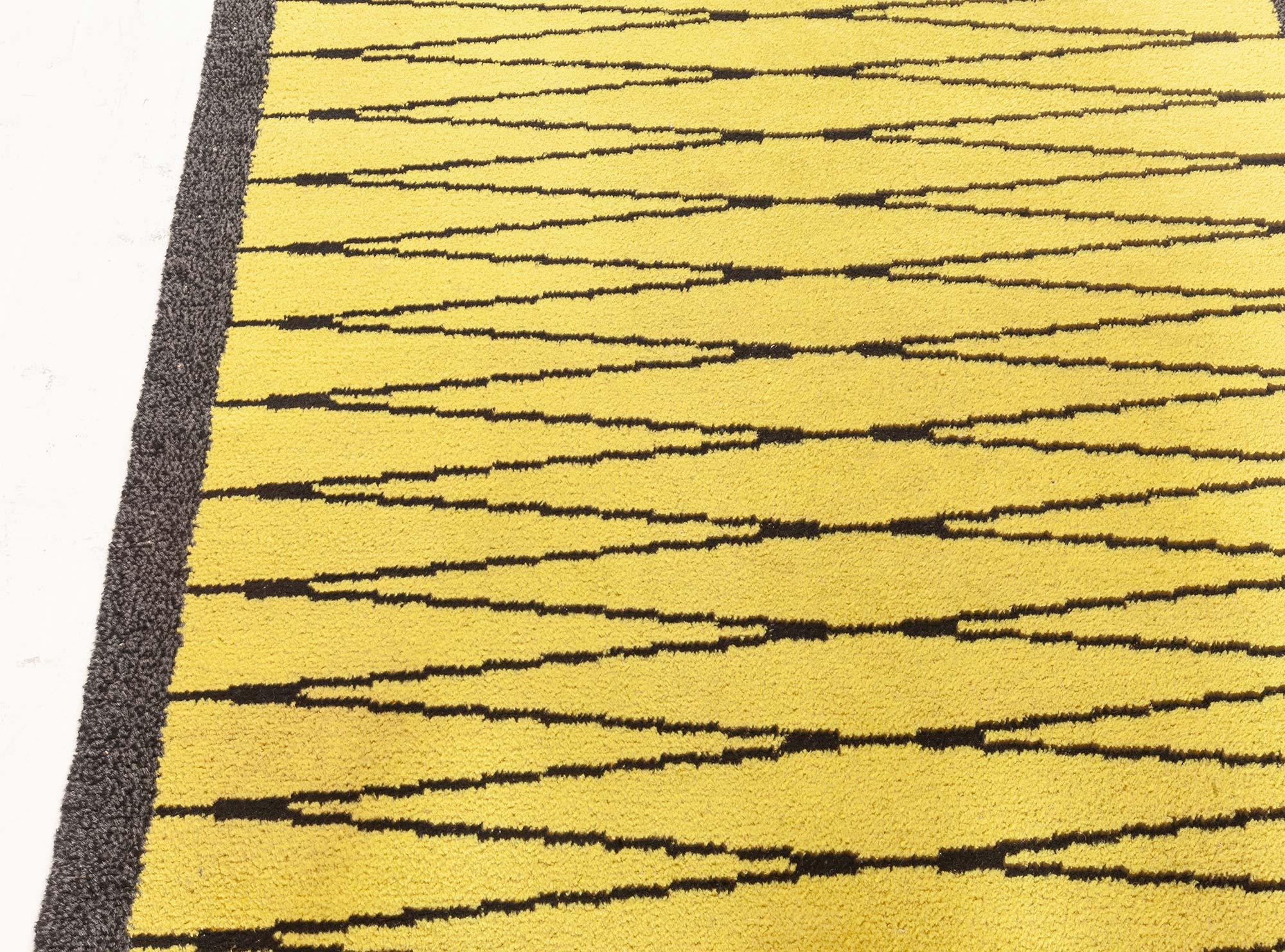Hand-Knotted Vintage Swedish Yellow Black Pile Rug For Sale