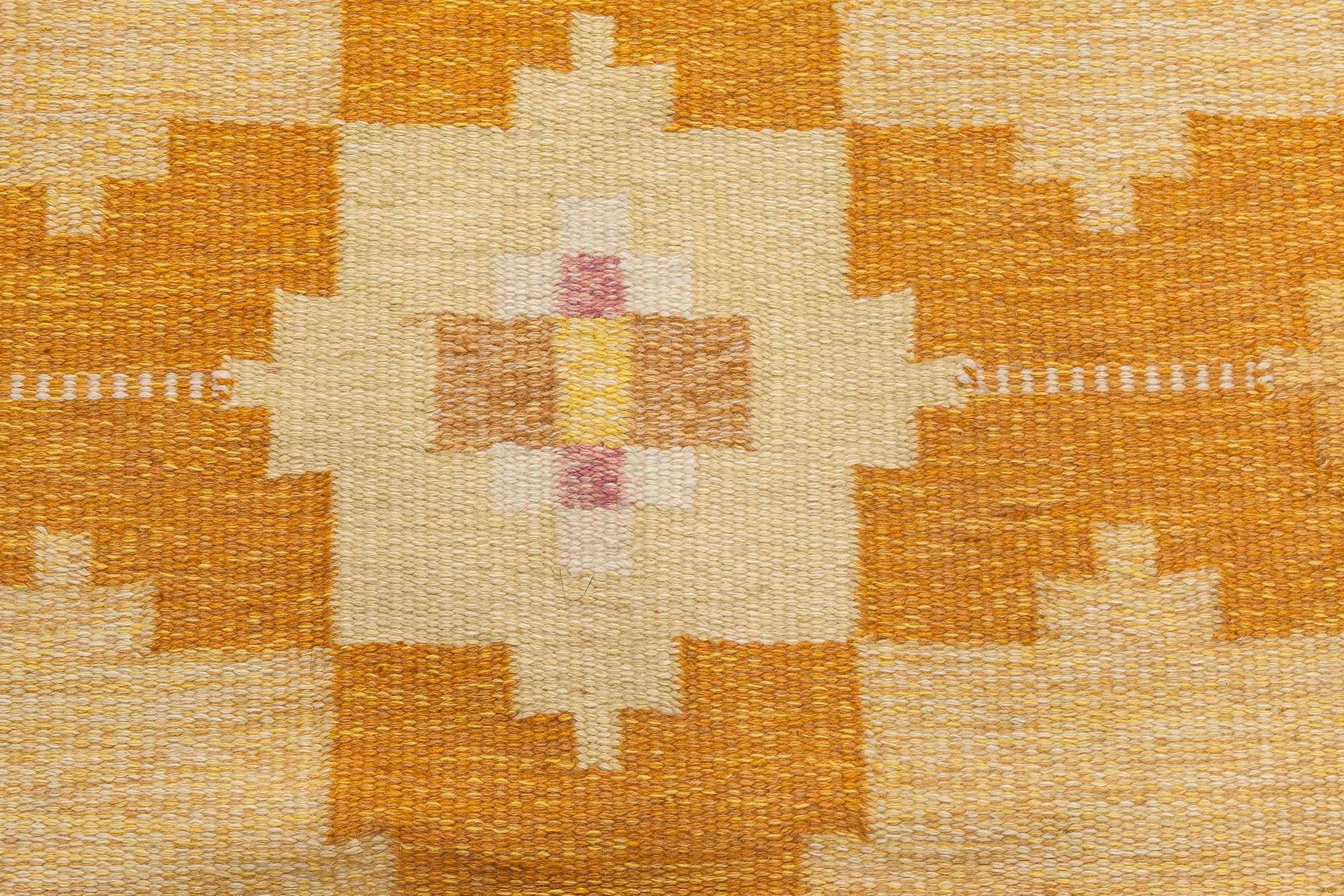 Mid-20th century Swedish Geometric Yellow Flat-weave Wool Rug by Ingegerd Silow
Size: 5'6