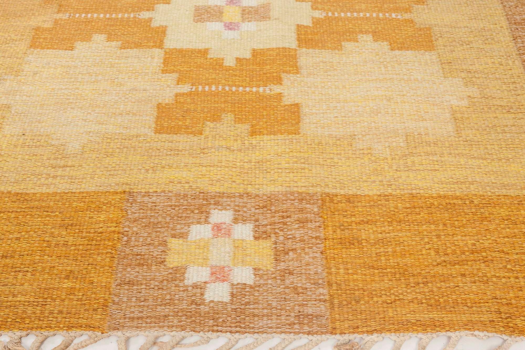 Hand-Woven Vintage Swedish Yellow Wool Rug by Ingegerd Silow For Sale